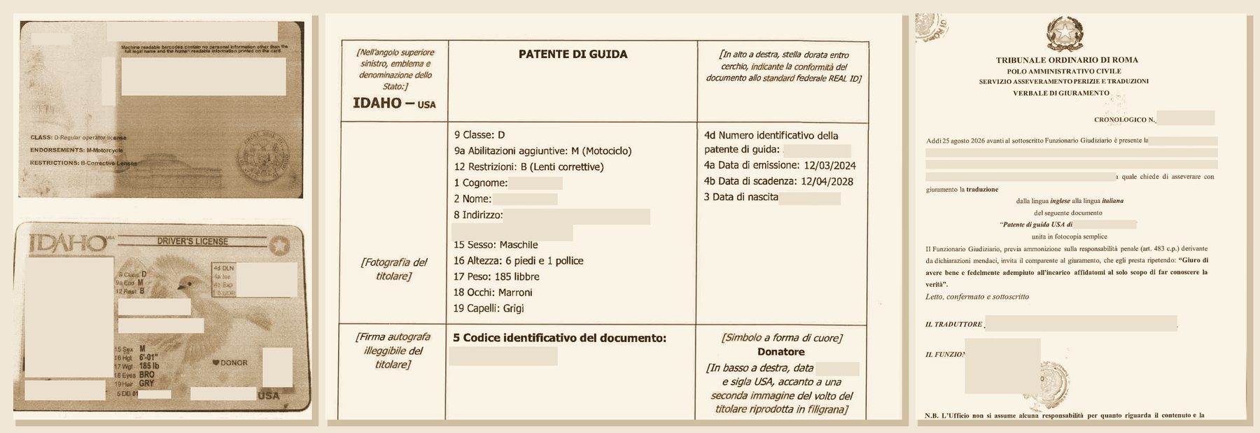Patente di guida estera con traduzione giurata e verbale di giuramento del Tribunale di Roma, dati del titolare oscurati